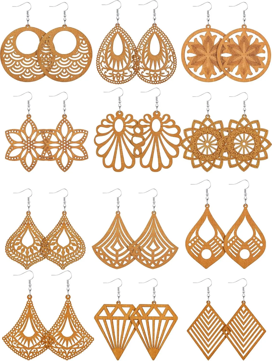 12 Pairs African Wooden Earrings for Women Bohemian Wood Ethnic Dangle Drops Bulk(Chic Styles)