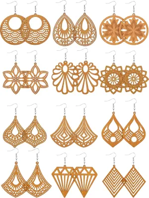 12 Pairs African Wooden Earrings for Women Bohemian Wood Ethnic Dangle Drops Bulk(Chic Styles)