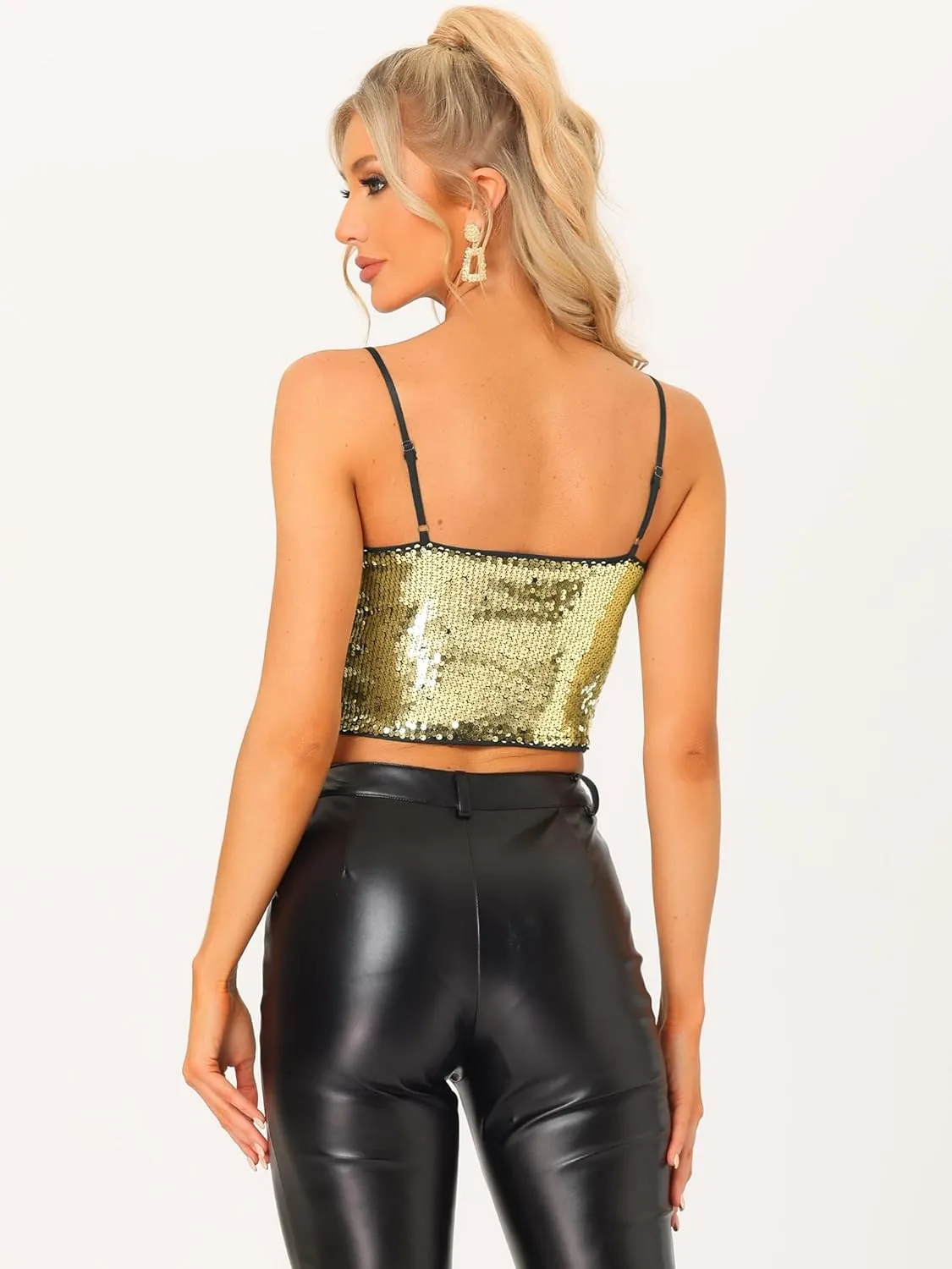 Allegra K Sequin Cami Top for Women's Halloween Spaghetti Strap Club Party Crop Tank Tops