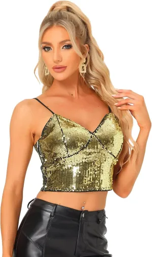 Allegra K Sequin Cami Top for Women's Halloween Spaghetti Strap Club Party Crop Tank Tops