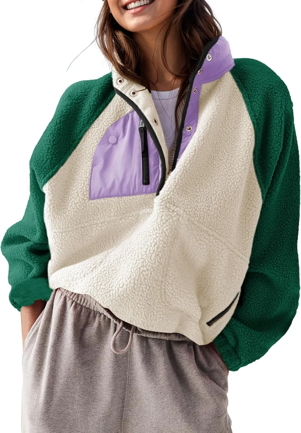 AMEBELLE Womens Lightweight Fleece Pullover Jacket Cropped Fall Winter Fuzzy Sherpa Jacket Sweatshirt Coat with Pockets