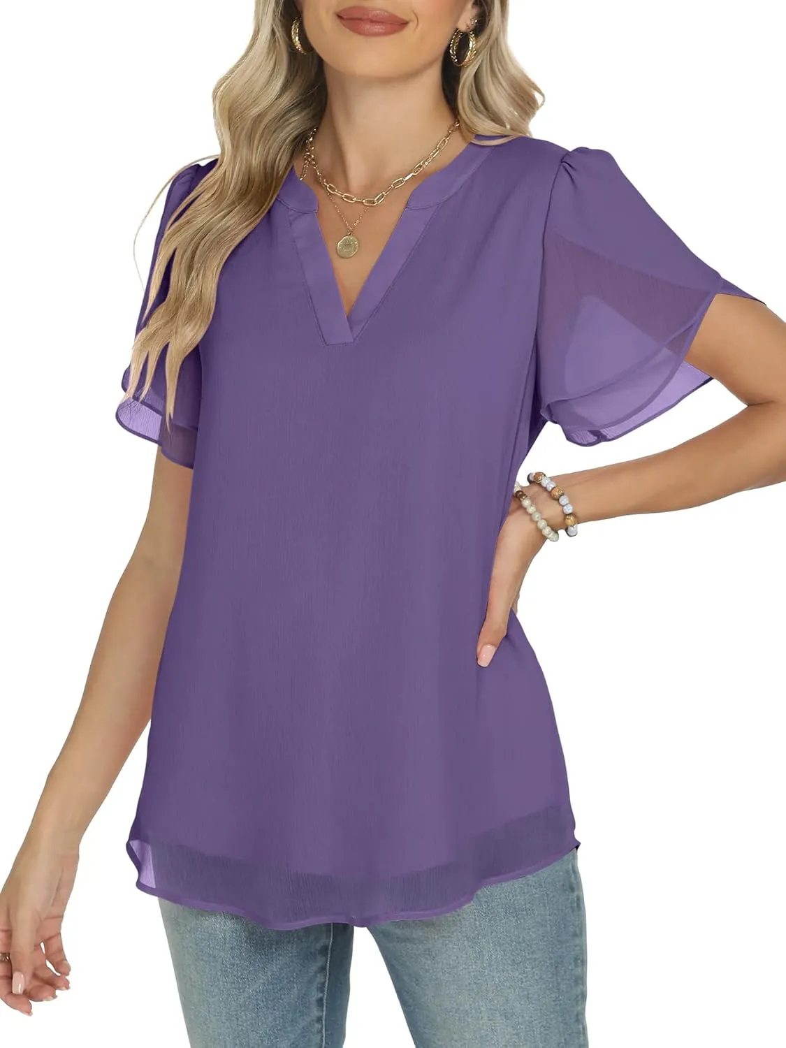 ANRABESS Womens Dressy Casual Blouses Chiffon V Neck Petal Short Sleeve Shirts 2025 Summer Business Work Tops
