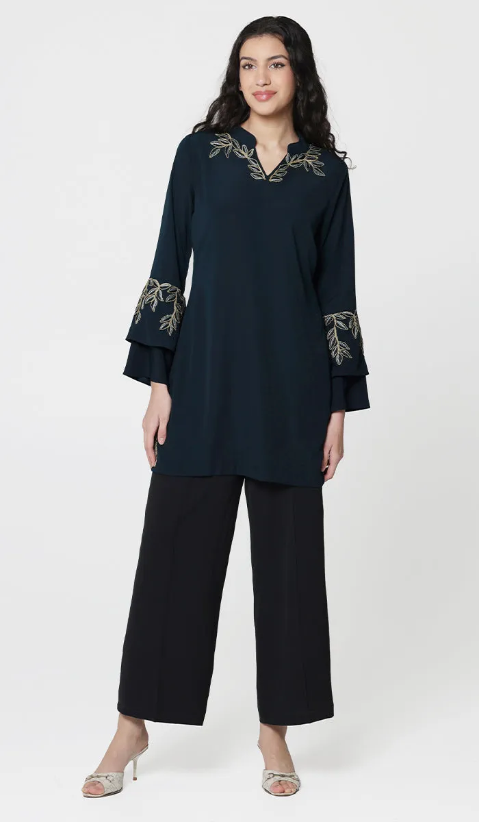Arzoo Gold  Embellished Long Modest Tunic - Dark Teal - PREORDER (ships in 2 weeks)