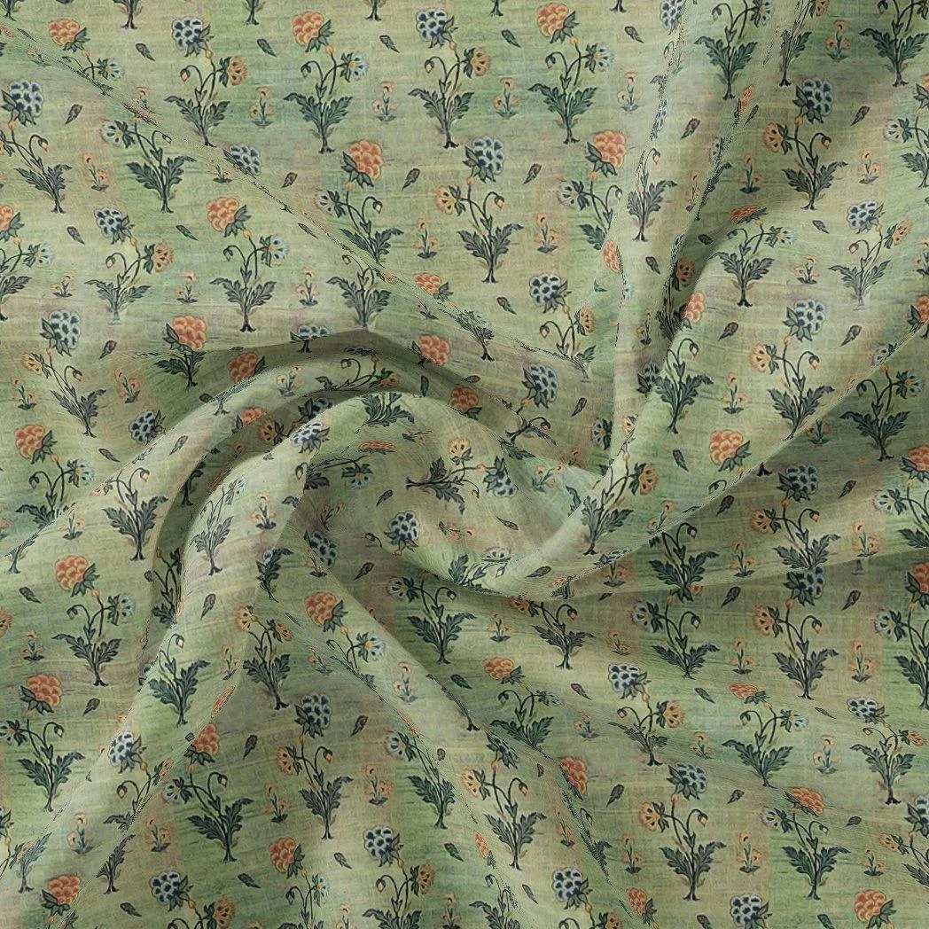 Beautiful Green Seamless Motif Flower Digital Printed Fabric - Rayon