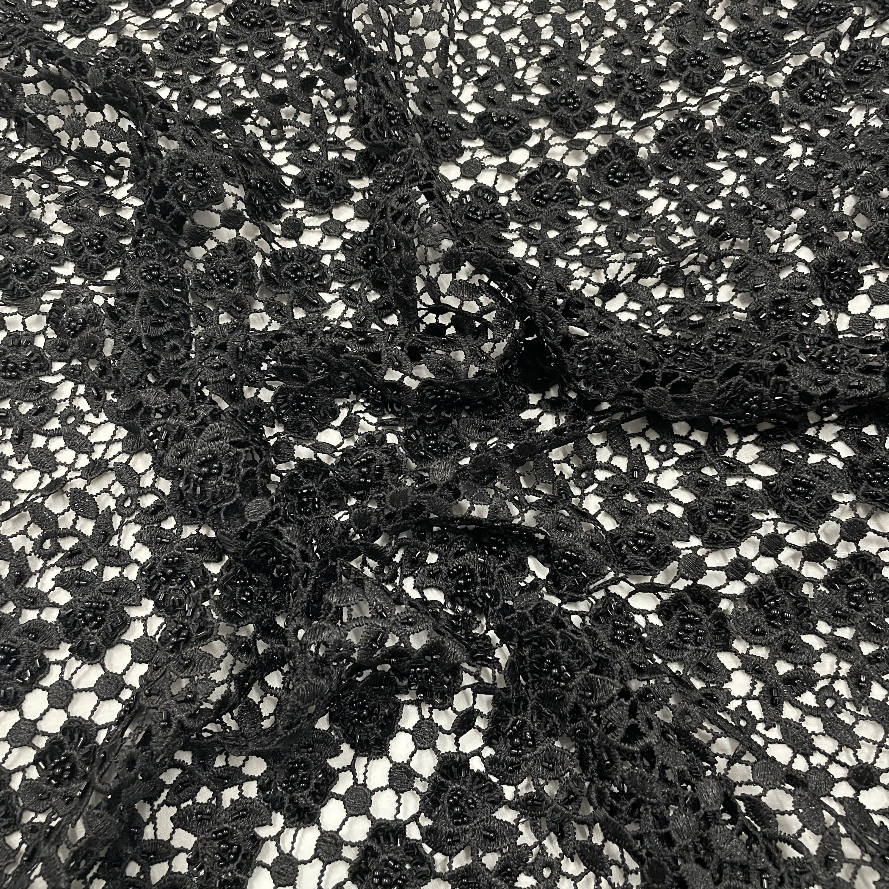 Classic Black Floral Pearl Embroidery Crochet Fabric