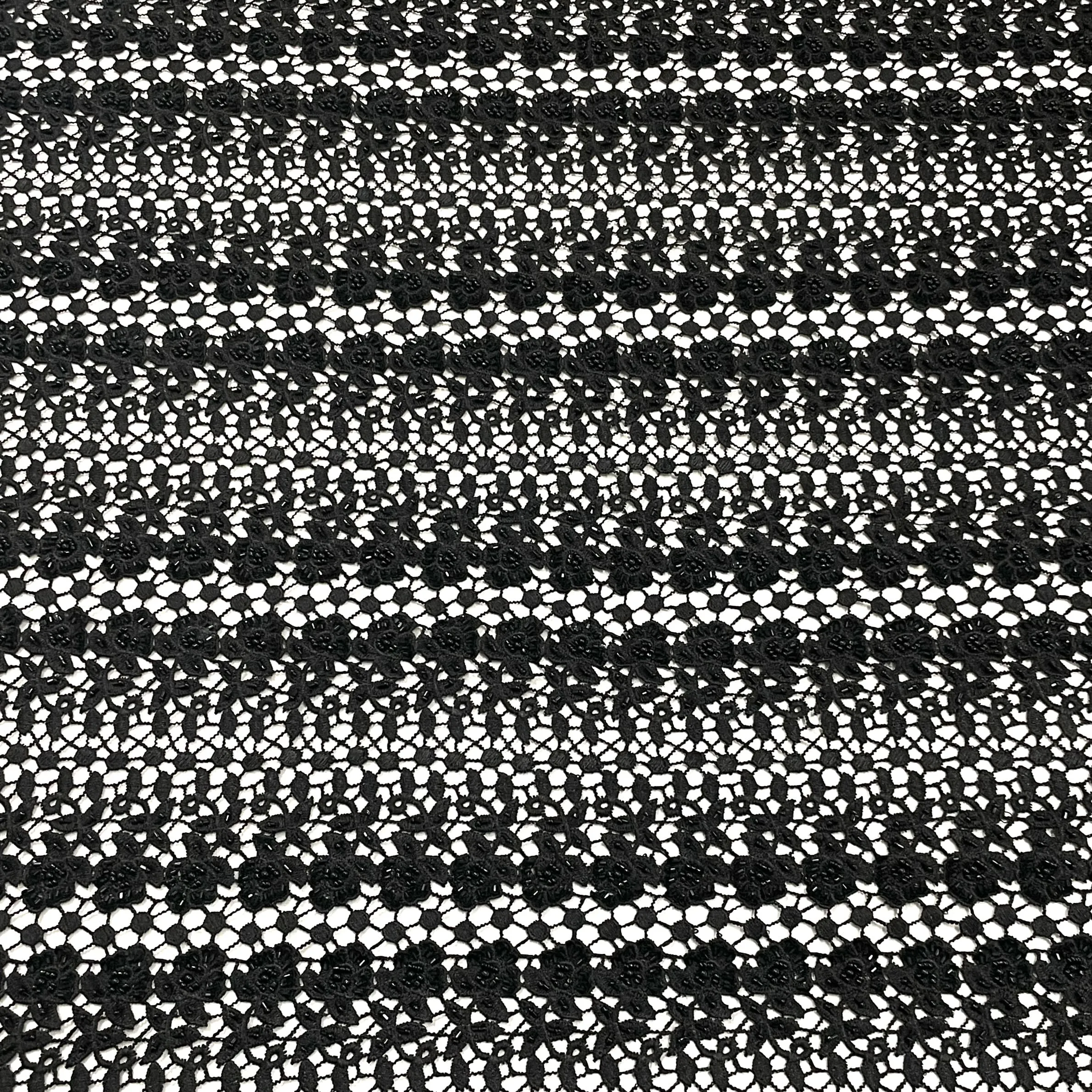 Classic Black Floral Pearl Embroidery Crochet Fabric