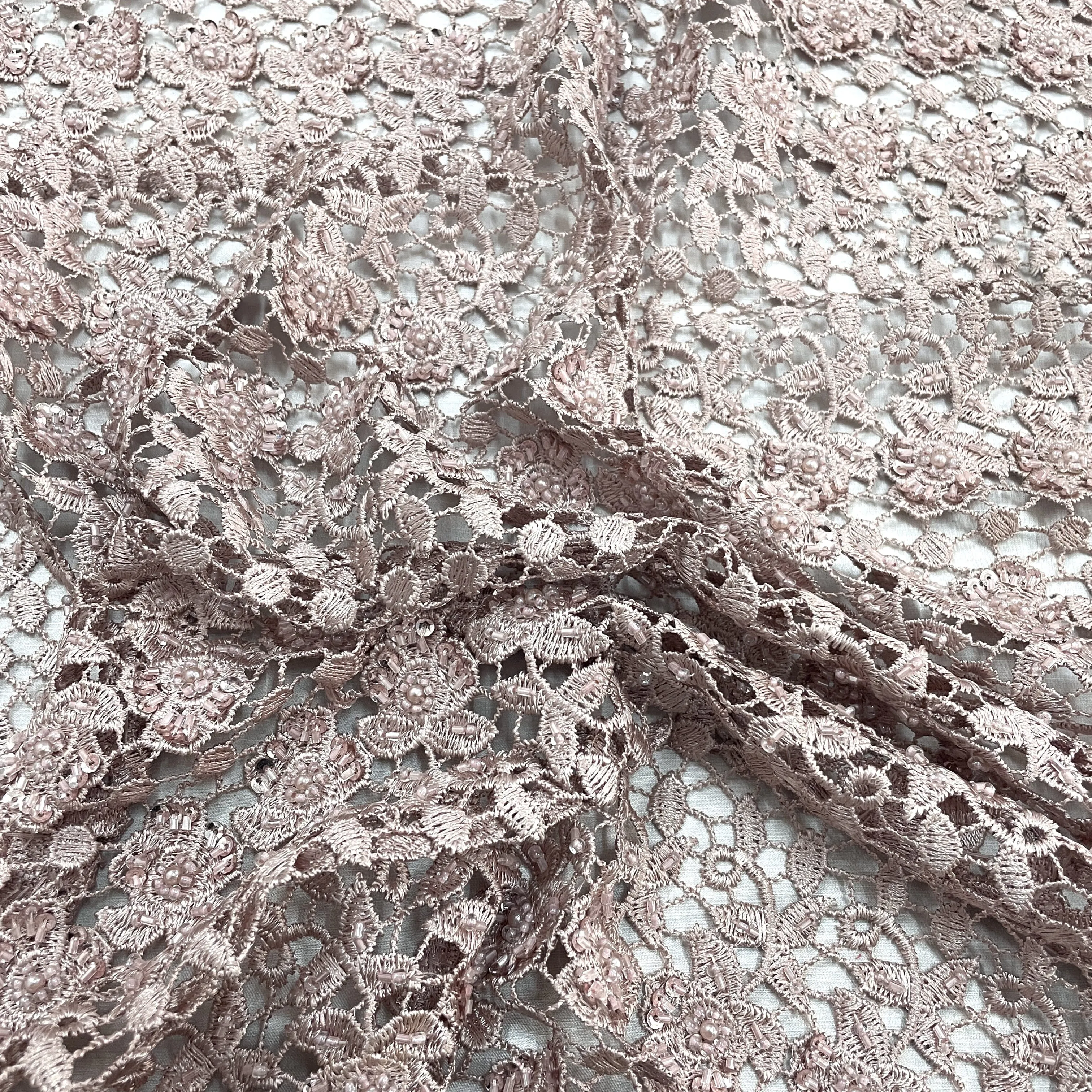 Classic Peach Pink Floral Pearl Embroidery Crochet Fabric