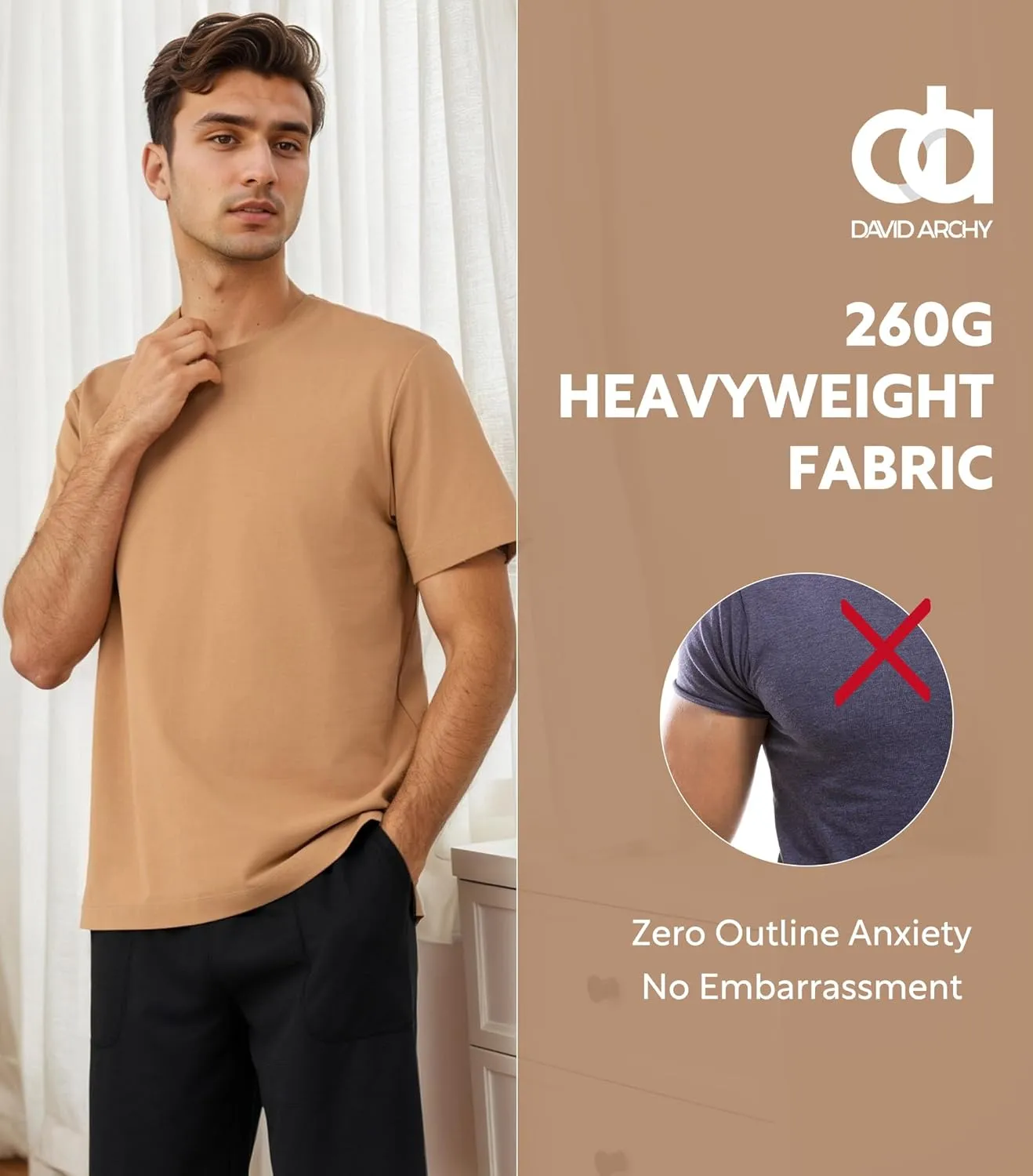 DAVID ARCHY Men's Heavyweight T-Shirt 260g Cotton Sorona Moisture-Wicking Shirts Stretch Side Slit Tees for Men 1-Pack