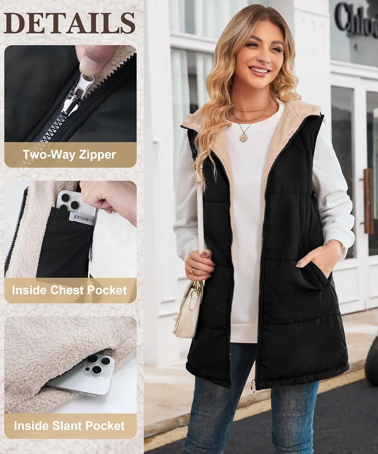 ECOWISH Women Long Puffer Vest: Fall Zip up Reversible Fleece Jacket 2025 Winter Warm Sleeveless Hooded Coat with Pockets