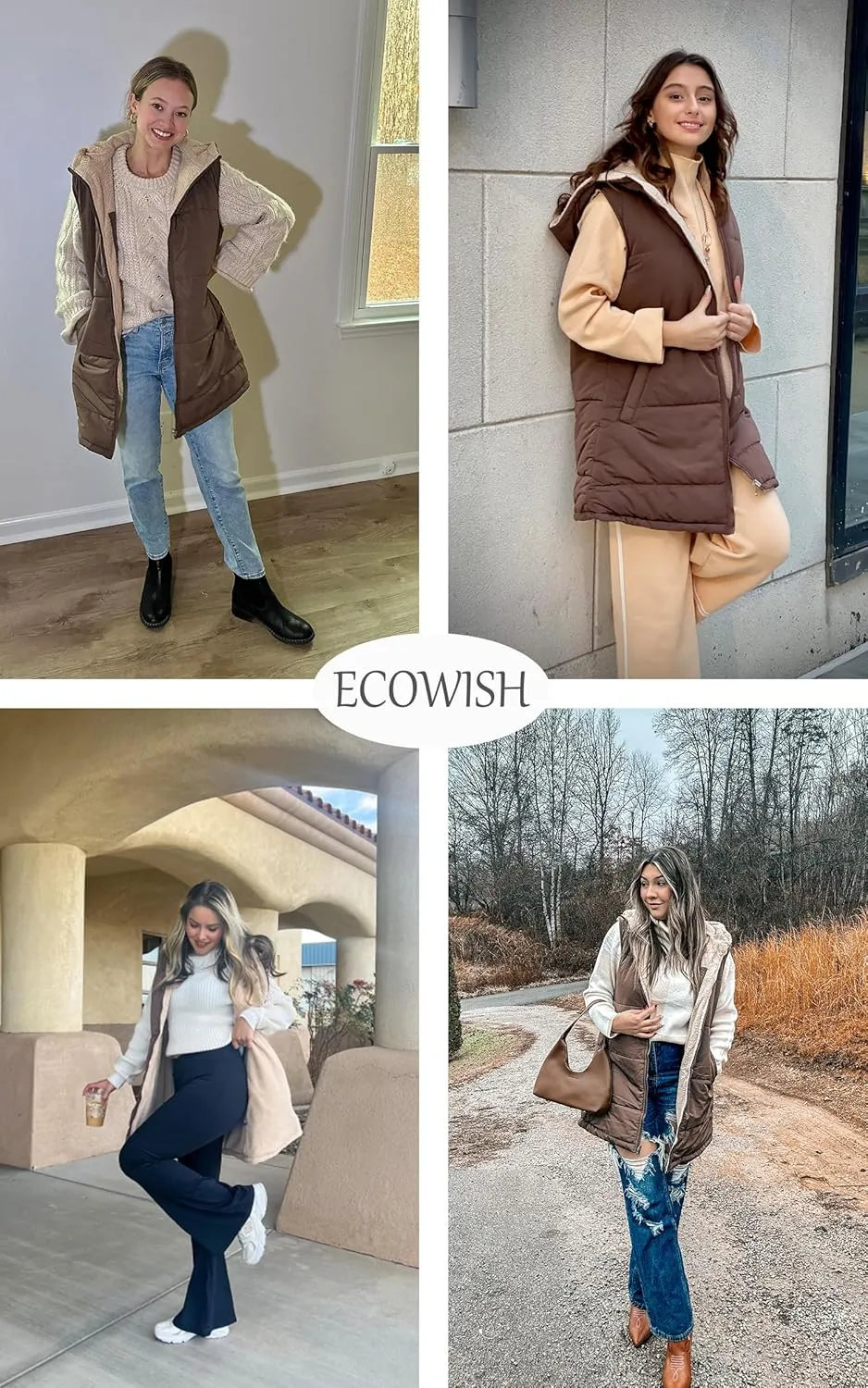 ECOWISH Women Long Puffer Vest: Fall Zip up Reversible Fleece Jacket 2025 Winter Warm Sleeveless Hooded Coat with Pockets
