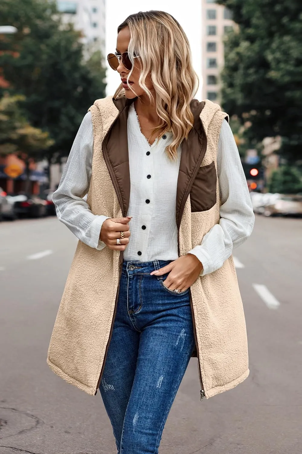 ECOWISH Women Long Puffer Vest: Fall Zip up Reversible Fleece Jacket 2025 Winter Warm Sleeveless Hooded Coat with Pockets