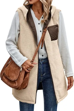 ECOWISH Women Long Puffer Vest: Fall Zip up Reversible Fleece Jacket 2025 Winter Warm Sleeveless Hooded Coat with Pockets