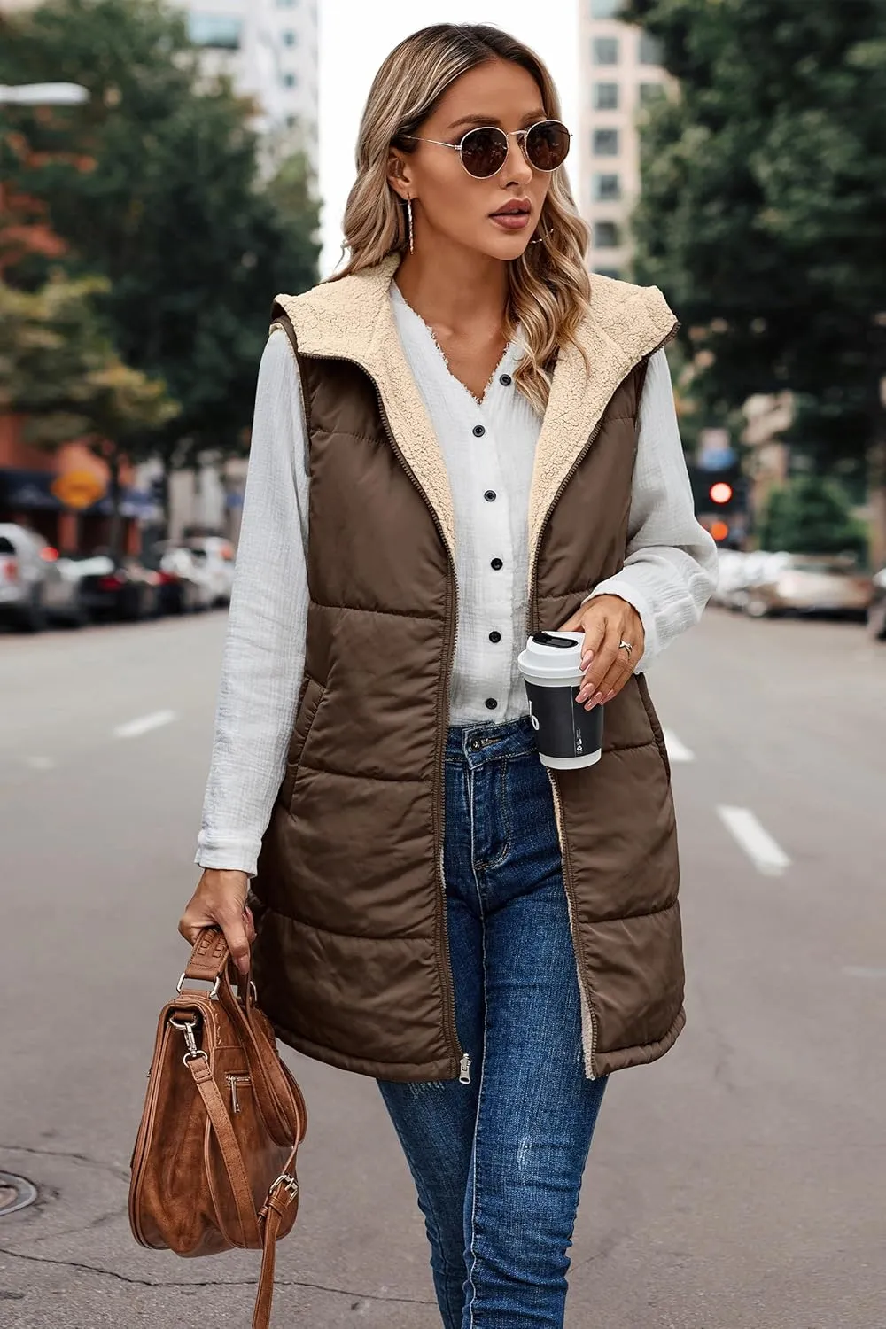 ECOWISH Women Long Puffer Vest: Fall Zip up Reversible Fleece Jacket 2025 Winter Warm Sleeveless Hooded Coat with Pockets