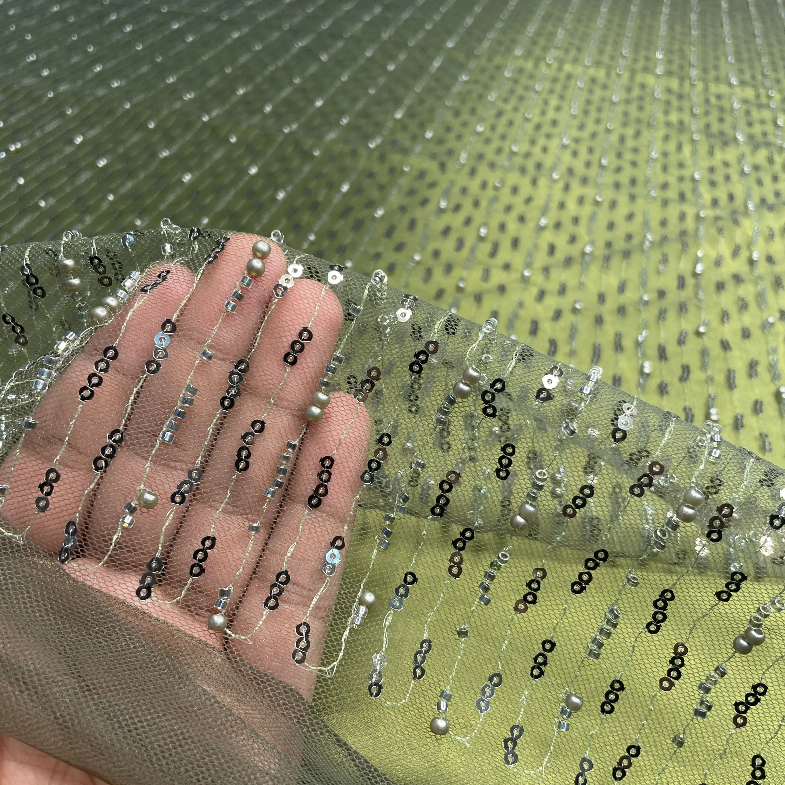 Exclusive Olive Green Pearl Sequins Cut Dana Embroidery Net Fabric