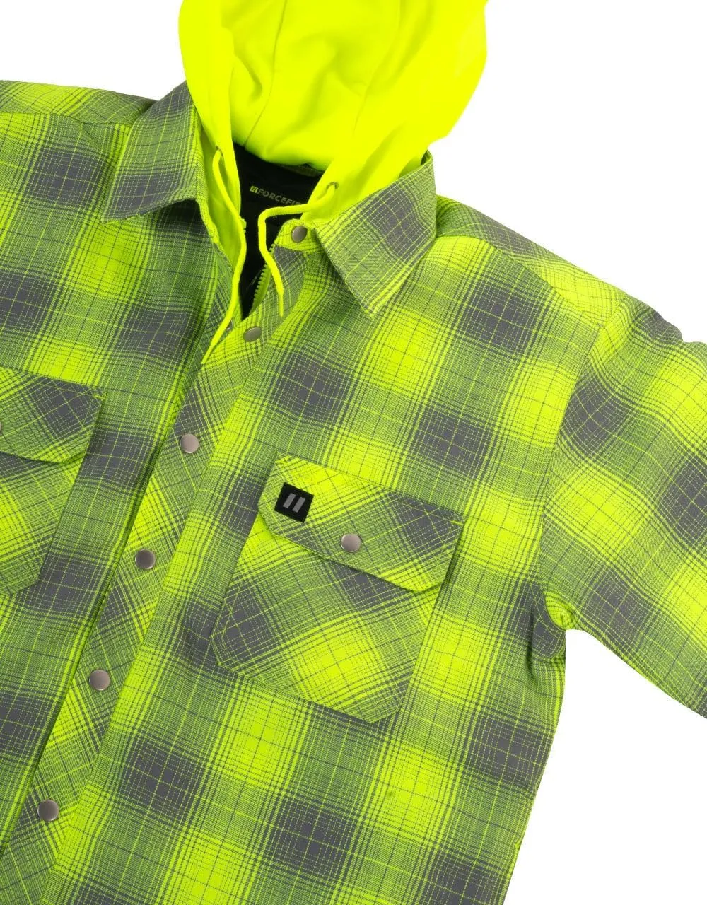 Forcefield Hi-Vis Grey Shadow Plaid Hooded Flannel Shirt Jacket, Quilt-Lined, Insulated, Zipper, Snap Closure, Multi-Pocket