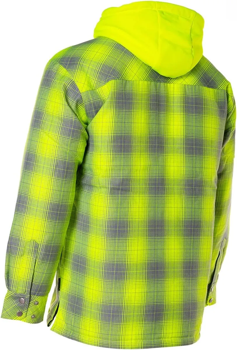 Forcefield Hi-Vis Grey Shadow Plaid Hooded Flannel Shirt Jacket, Quilt-Lined, Insulated, Zipper, Snap Closure, Multi-Pocket