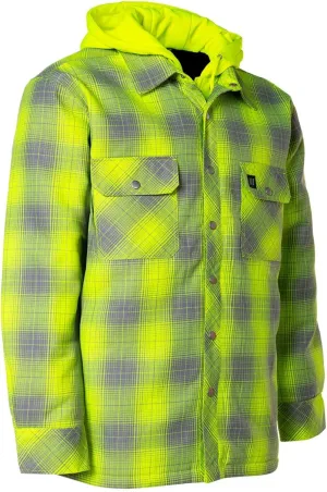 Forcefield Hi-Vis Grey Shadow Plaid Hooded Flannel Shirt Jacket, Quilt-Lined, Insulated, Zipper, Snap Closure, Multi-Pocket