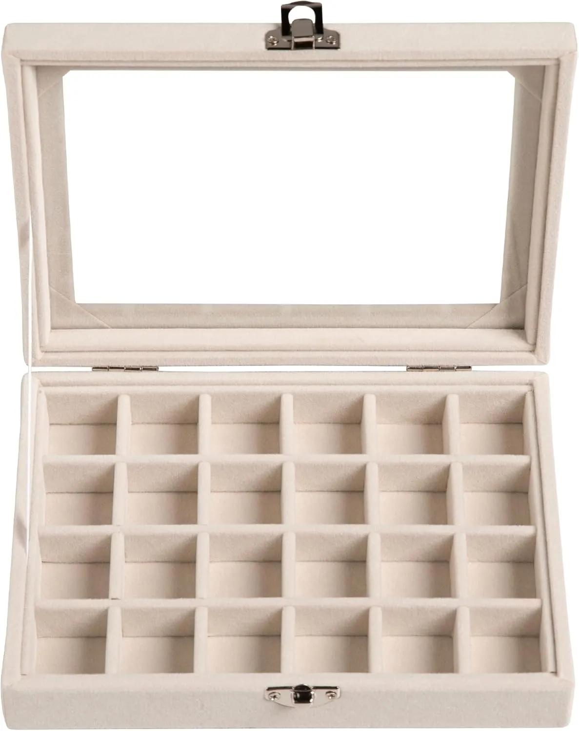 Frebeauty 24 Grid Jewelry Tray,Velvet Stud Earring Organizer,Small Jewelry Organizer with Clear Lid,Lockable Earring Holder Organizer Jewelry Boxes & Organizer Ring Holder for Women & Girls(Beige)