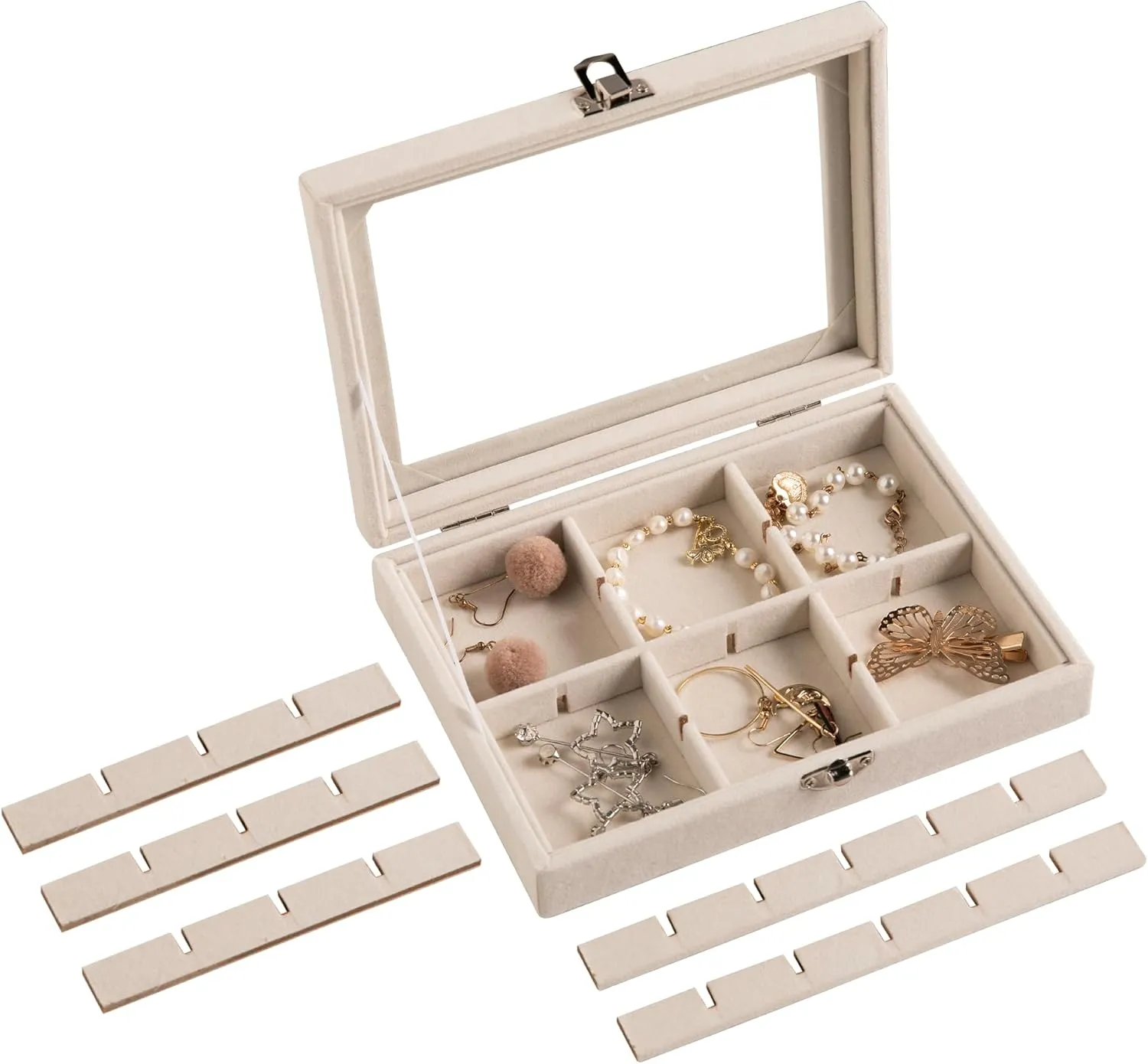 Frebeauty 24 Grid Jewelry Tray,Velvet Stud Earring Organizer,Small Jewelry Organizer with Clear Lid,Lockable Earring Holder Organizer Jewelry Boxes & Organizer Ring Holder for Women & Girls(Beige)