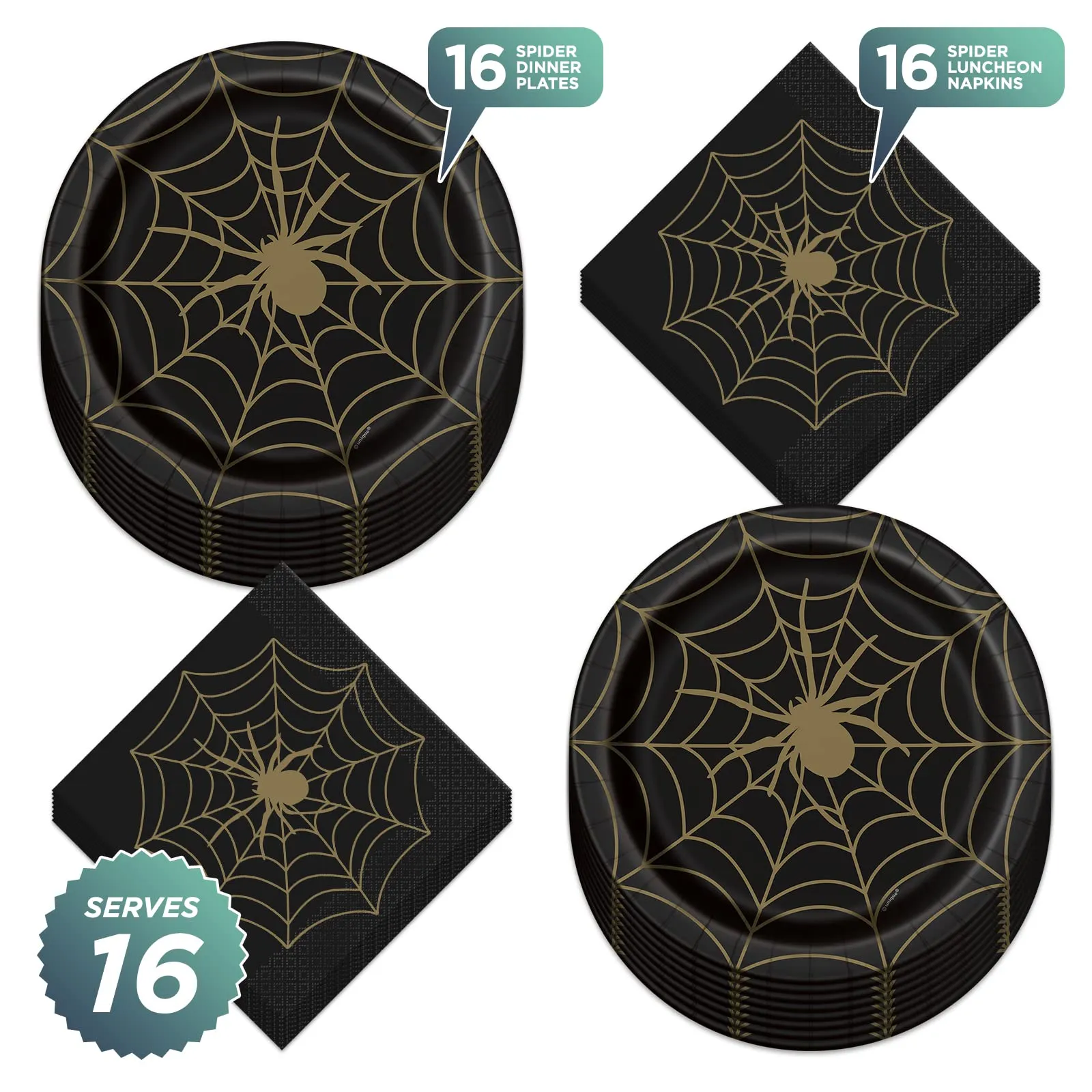 Halloween Black and Gold Spider Web Paper Dinner Plates and Lunch Napkins (Serves 16)