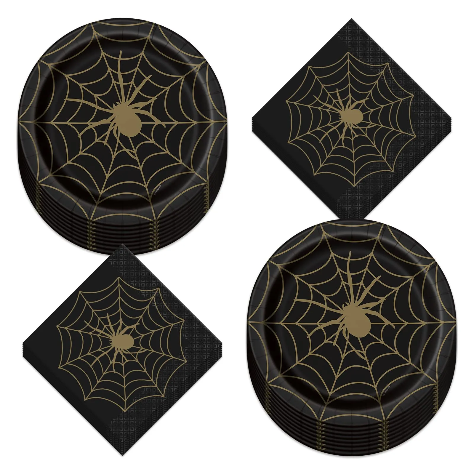 Halloween Black and Gold Spider Web Paper Dinner Plates and Lunch Napkins (Serves 16)