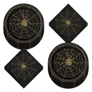 Halloween Black and Gold Spider Web Paper Dinner Plates and Lunch Napkins (Serves 16)