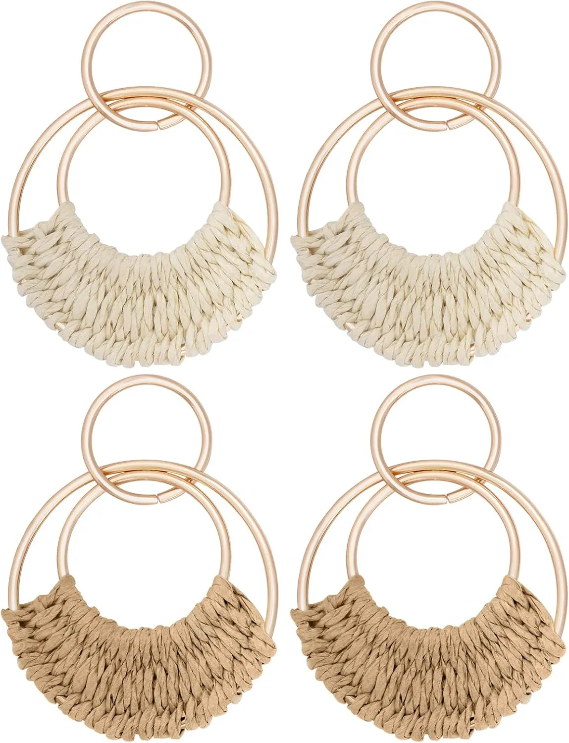 hoyuwak 2 Pairs Rattan Weave Earrings Boho Raffia Dangle Hoop Earrings Handmade Straw Wicker for Women Summer Beach Party, Beige Khaki