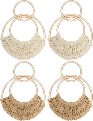 hoyuwak 2 Pairs Rattan Weave Earrings Boho Raffia Dangle Hoop Earrings Handmade Straw Wicker for Women Summer Beach Party, Beige Khaki
