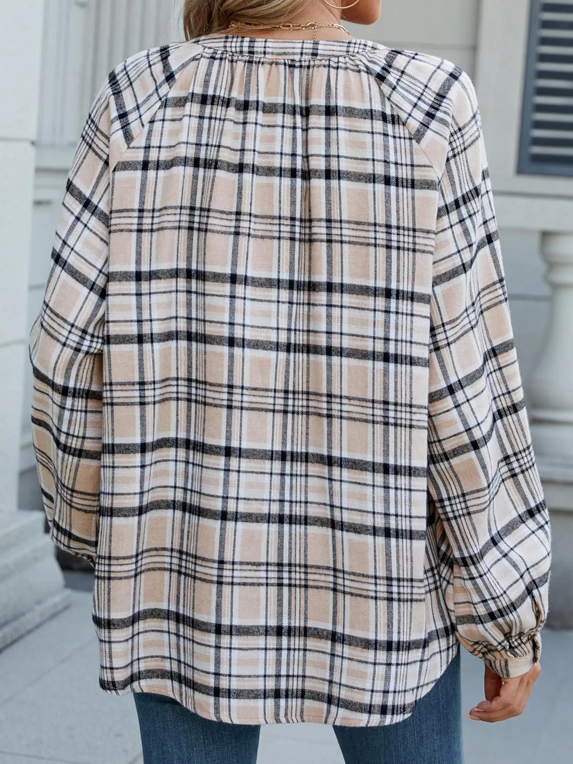 INFITTY Women's Flannel Shirts Cotton Henley V Neck Button Down Blouse Long Sleeve Tops Dressy Plaid Shackets
