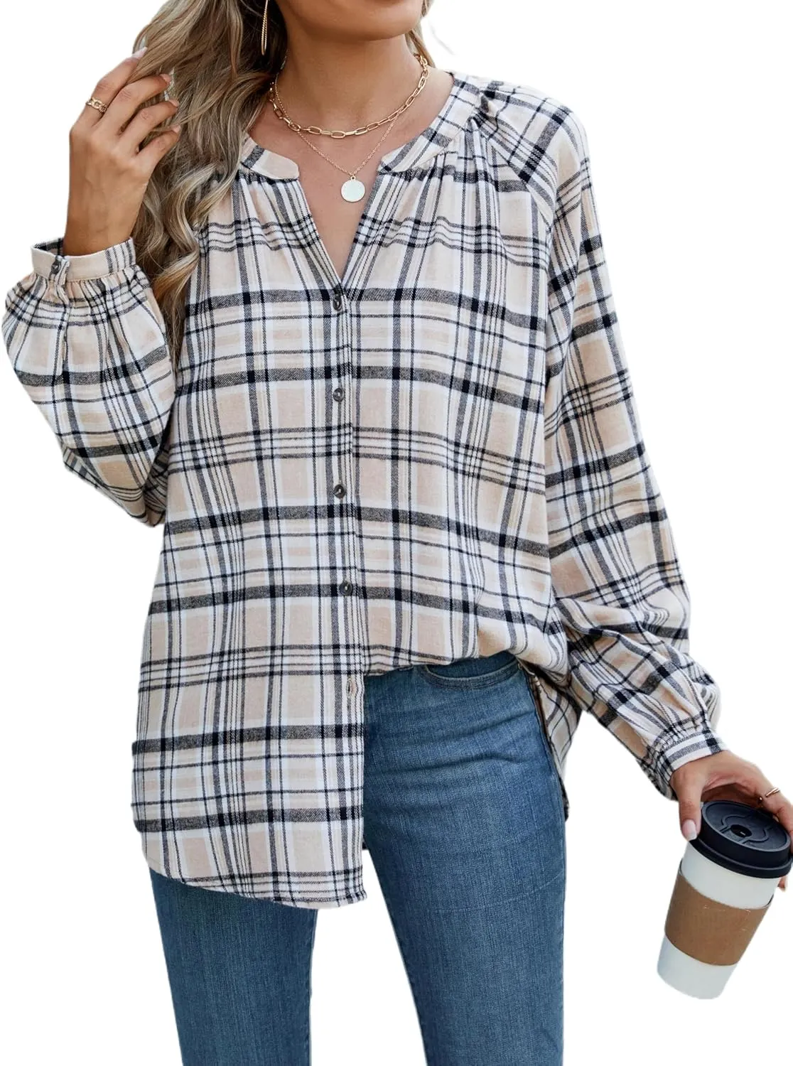 INFITTY Women's Flannel Shirts Cotton Henley V Neck Button Down Blouse Long Sleeve Tops Dressy Plaid Shackets