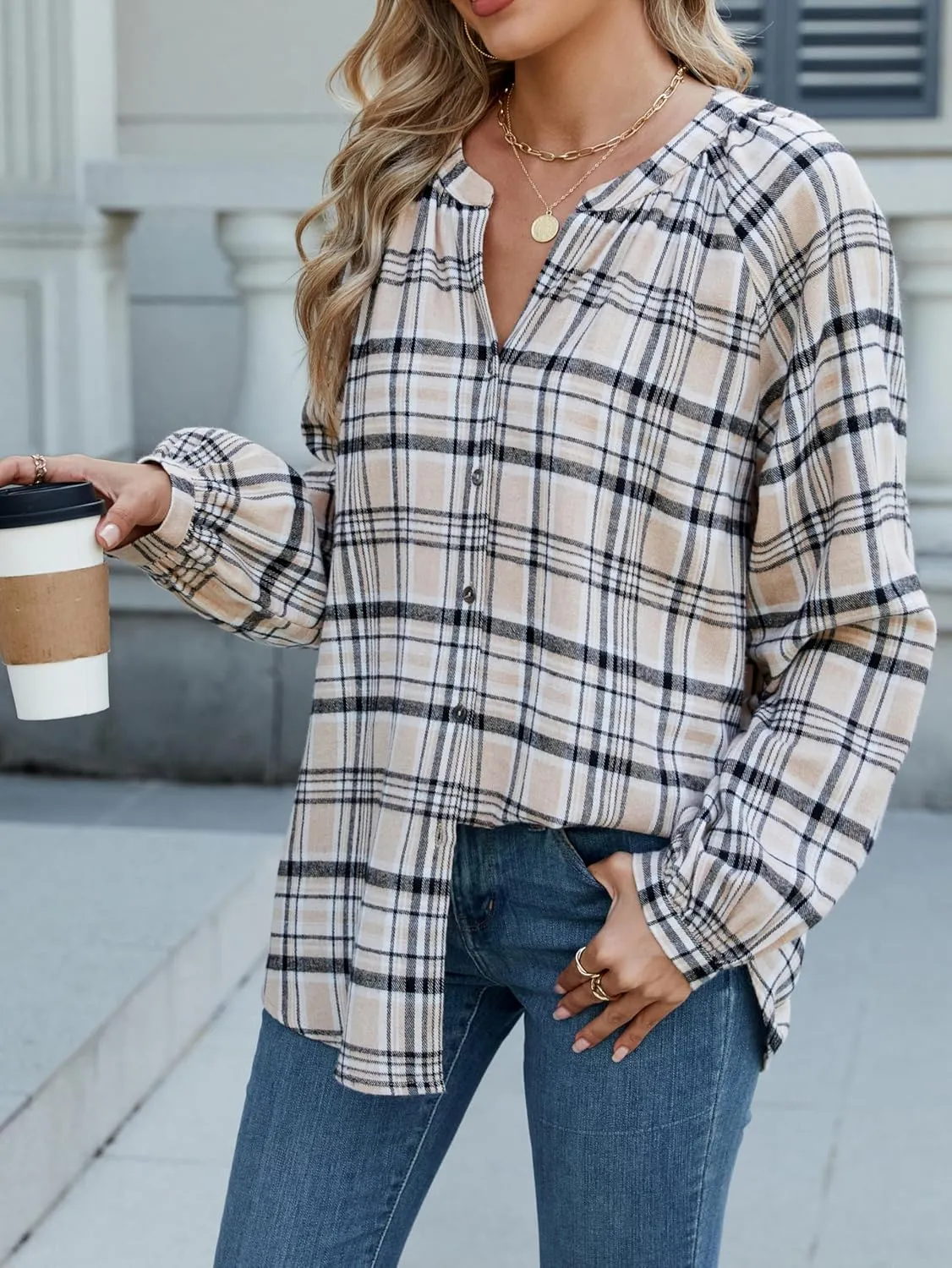 INFITTY Women's Flannel Shirts Cotton Henley V Neck Button Down Blouse Long Sleeve Tops Dressy Plaid Shackets