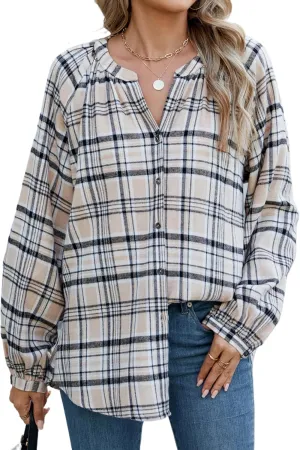 INFITTY Women's Flannel Shirts Cotton Henley V Neck Button Down Blouse Long Sleeve Tops Dressy Plaid Shackets