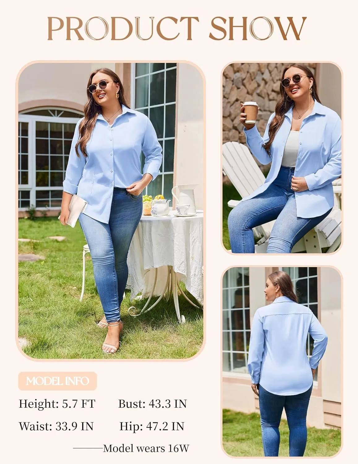 IN'VOLAND Women's Plus Size Button Down Shirts Long Sleeve Collared Casual Shirt Office Work Blouse Tops