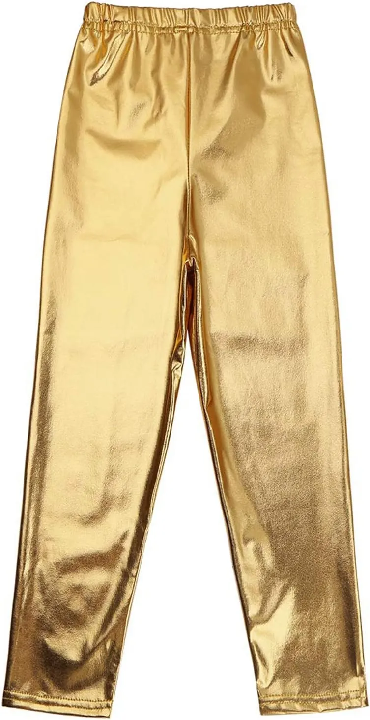 Kids Girls Boys Metallic Leggings Pants Modern Hip Hop Street Dance Performance Costume Trousers