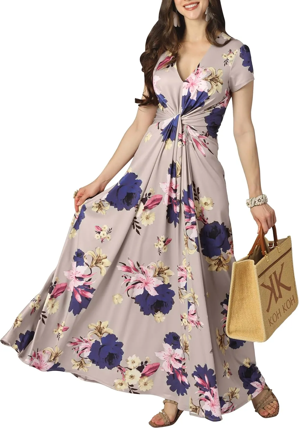 KOH KOH Womens 2025 Long Flowy Cap Sleeve Empire Waist Cocktail Maxi Dress Gown