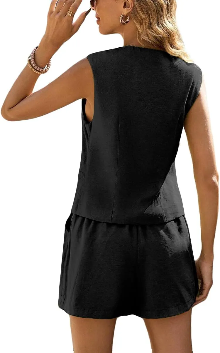 Linen Vest Tops for Women Summer Lihtweight Breathable V-Neck Button Fashion Casual Work Beach Vacation Outerwear