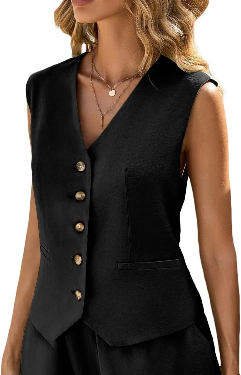 Linen Vest Tops for Women Summer Lihtweight Breathable V-Neck Button Fashion Casual Work Beach Vacation Outerwear