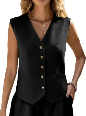 Linen Vest Tops for Women Summer Lihtweight Breathable V-Neck Button Fashion Casual Work Beach Vacation Outerwear