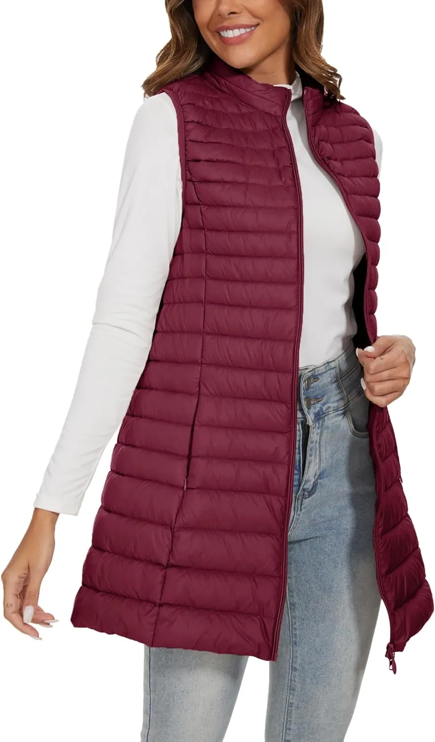 Long Puffer Vest for Women Winter Lightweight Down Vest Black Womens Vests Outerwear Sleeveless Jacket with Pockets
