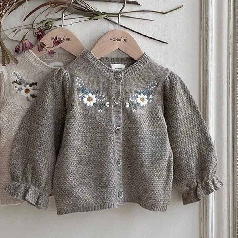Long-Sleeved Floral Knit Cardigan