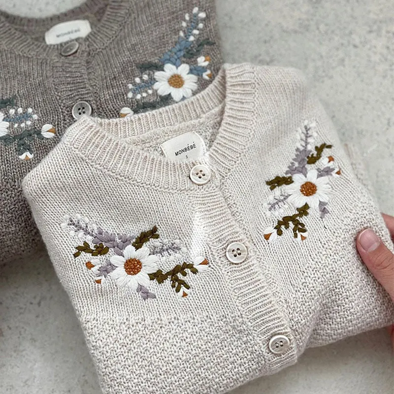 Long-Sleeved Floral Knit Cardigan