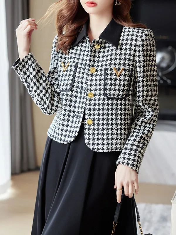 Long Sleeves Plus Size Buttoned Houndstooth Pockets Split-Joint Lapel Outerwear