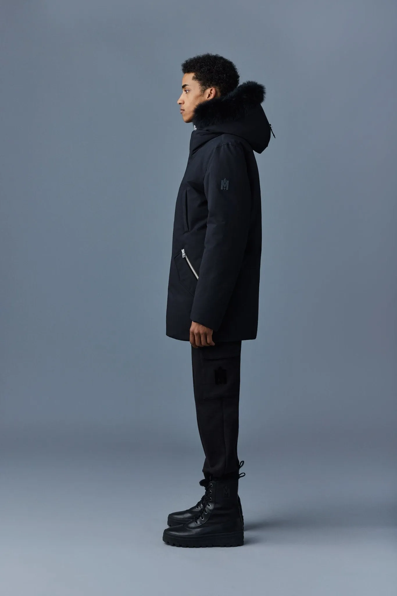 Luxurious Mackage EDWARD-BX 2-in-1 Down Parka with Detachable Hooded Bib & Blue Fox Fur Trim