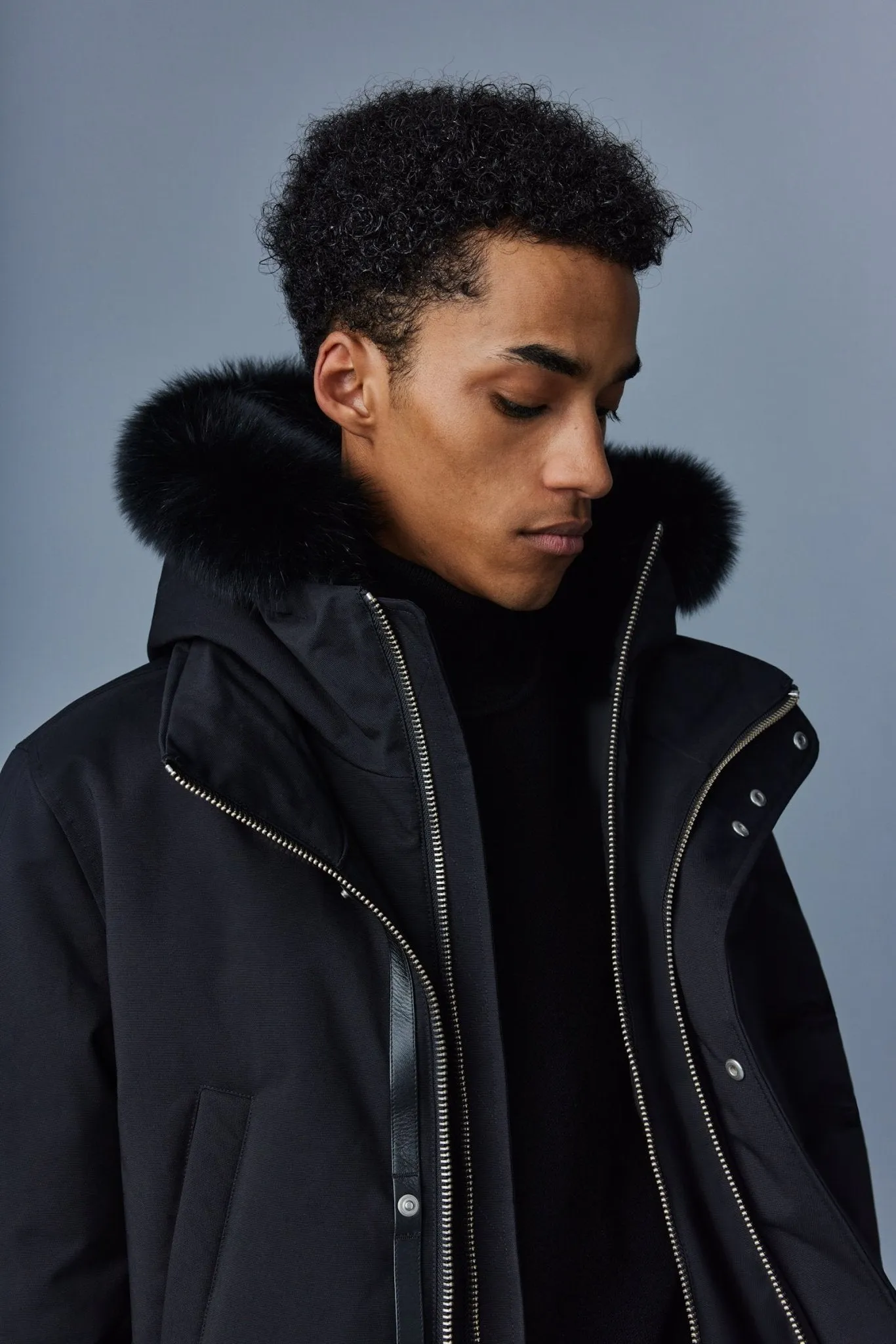 Luxurious Mackage EDWARD-BX 2-in-1 Down Parka with Detachable Hooded Bib & Blue Fox Fur Trim