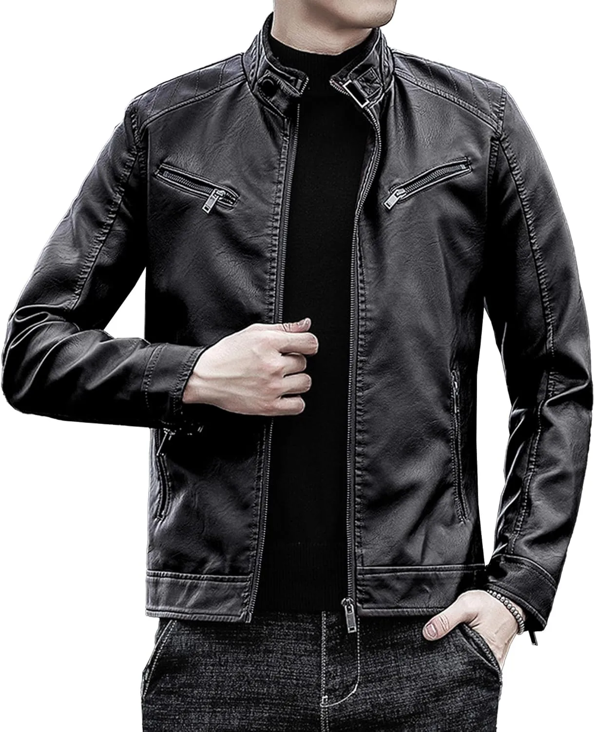Maiyifu-GJ Men's Leather Jackets Windbreaker Lightweight Faux Leather Motorcycle Jacket Slim Fit Zipper Biker Coat Outerwear (Black 1,Medium)