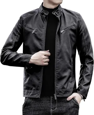 Maiyifu-GJ Men's Leather Jackets Windbreaker Lightweight Faux Leather Motorcycle Jacket Slim Fit Zipper Biker Coat Outerwear (Black 1,Medium)