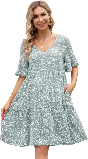 Maternity Dress Womens Casual Babydoll Dress Ruffle Short Sleeve V Neck Floral Printed Flowy Mini Short Tunic Dress