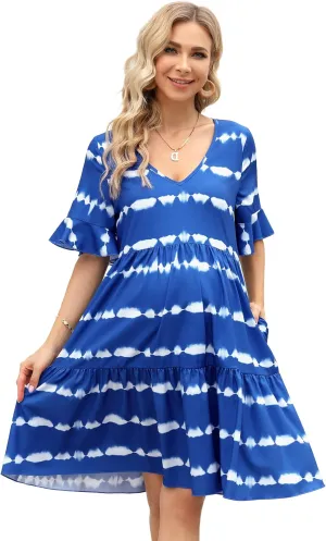 Maternity Dress Womens Casual Babydoll Dress Ruffle Short Sleeve V Neck Floral Printed Flowy Mini Short Tunic Dress