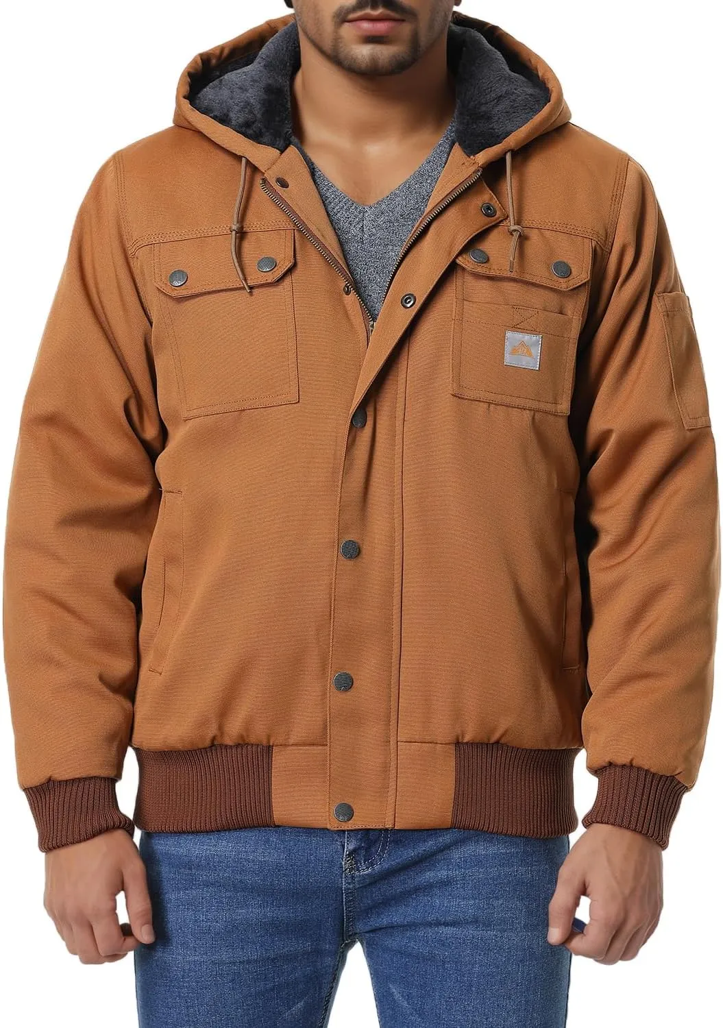 Men's Fit Relaxed Work Coat Fleece Lined Waterproof Workwear Winter Hooded Jacket with Multiple Pockets