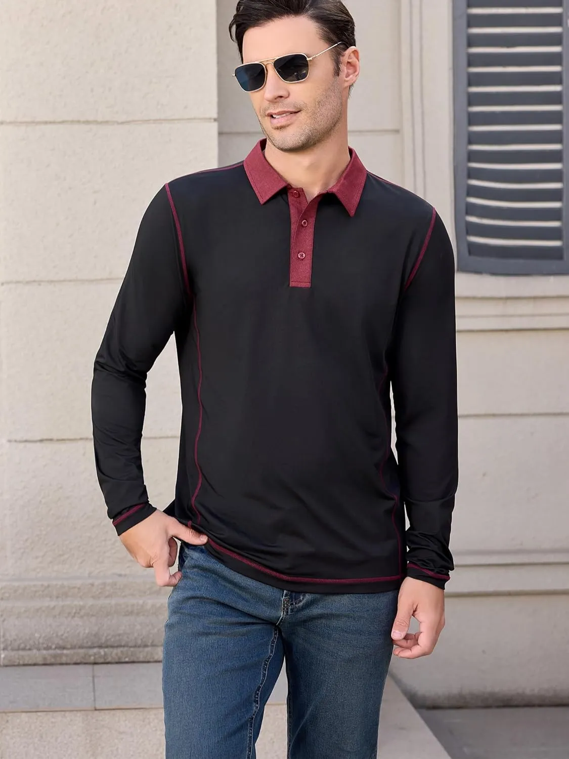Mens Long Sleeve Polo Shirts Summer Casual Lightweight Knit True Classic Contrast Collar Button-Down Golf Tees Basic